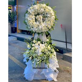 Vòng hoa chia buồn tone trắng mix lan hồ điệp - KV342