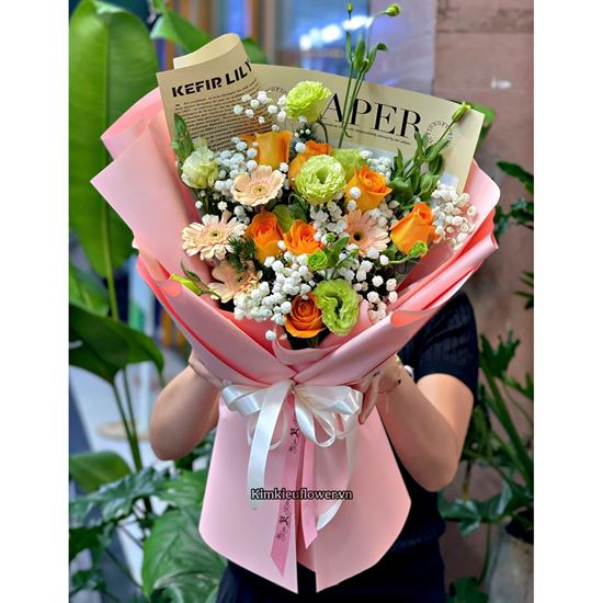 Bó hoa chúc mừng tone cam mix cát tường xanh - HB1055