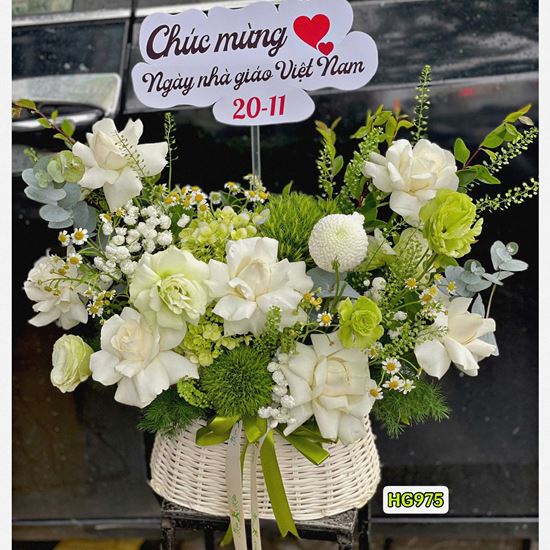 Giỏ hoa chúc mừng tone xanh lá mix cẩm tú cầu - HG975