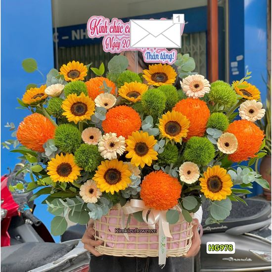 Giỏ hoa chúc mừng hướng dương mix green wicky - HG978