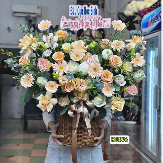 Giỏ hoa chúc mừng hồng shimmer mix cúc pingpong - HG976