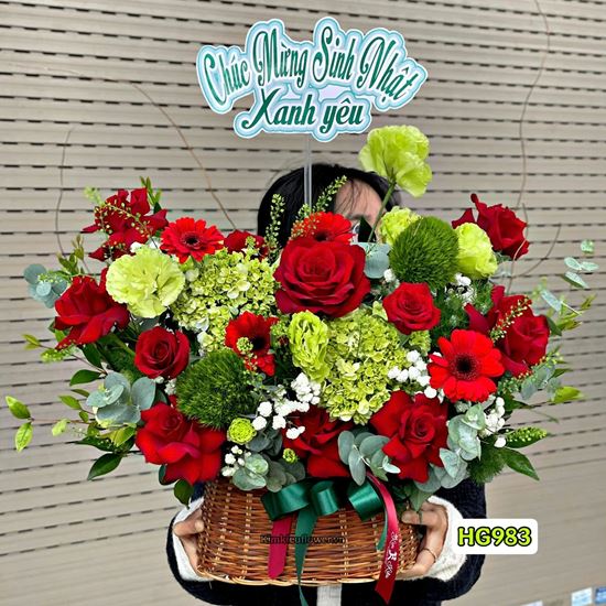 Giỏ hoa chúc mừng tone đỏ mix cẩm tú cầu và green wicky- HG983