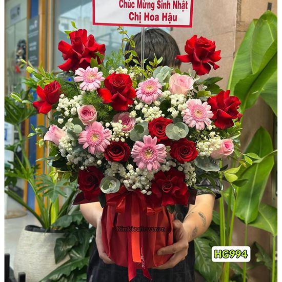Picture of Giỏ hoa chúc mừng tone đỏ hồng - HG994