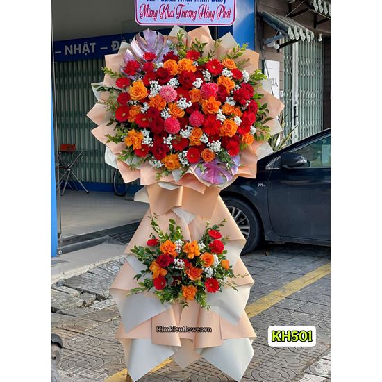 Picture of Kệ hoa chúc mừng tone đỏ cam mix cúc mẫu đơn - KH501