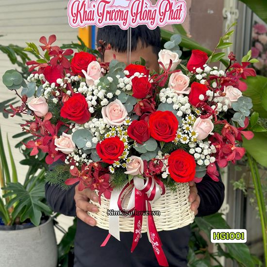 Picture of Giỏ hoa chúc mừng tone đỏ kem - HG1001