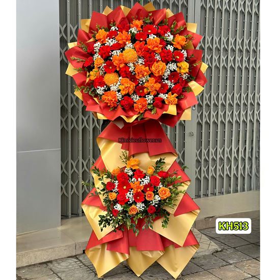 Picture of Kệ hoa chúc mừng tone đỏ cam mix cúc mẫu đơn - KH513