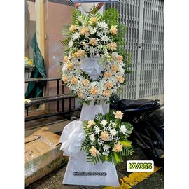 Picture of Vòng hoa chia buồn tone trắng mix hồng mỡ gà - KV355