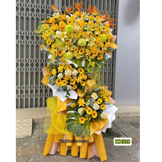Picture of Kệ hoa chúc mừng 3 tầng tone vàng mix thiên điểu - KH518