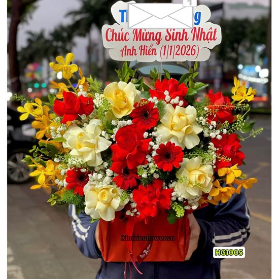 Picture of Giỏ hoa chúc mừng tone đỏ vàng - HG1005