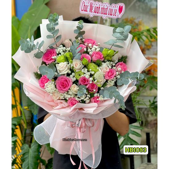Picture of Bó hoa chúc mừng tone hồng kem mix cát tường xanh - HB1083
