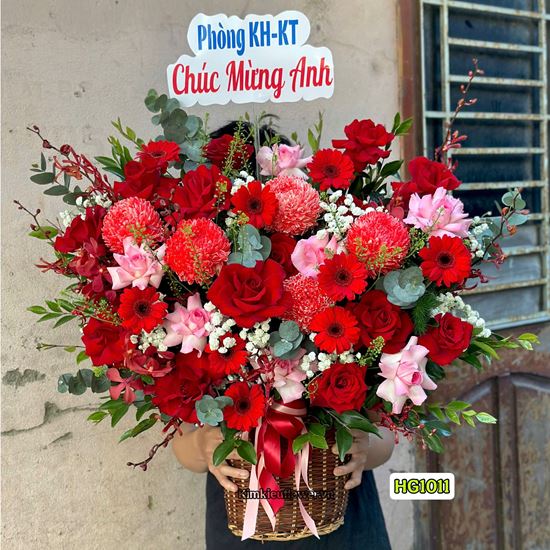 Picture of Giỏ hoa chúc mừng tone đỏ hồng mix cúc mẫu đơn và lan đỏ - HG1011