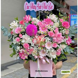 giỏ hoa tone kem mix hồng - HG879