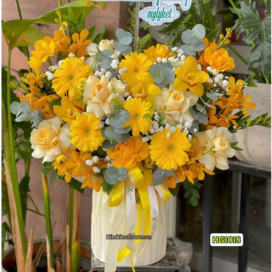 Picture of Giỏ hoa chúc mừng tone vàng mix lan vàng - HG1018