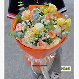 Picture of Bó hoa chúc mừng kiểu tròn tone vàng cam mix cúc pingpong - HB1101