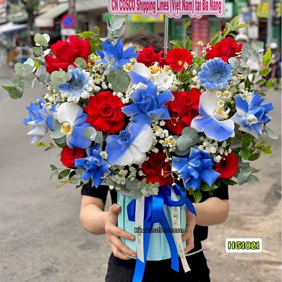 Picture of Giỏ hoa chúc mừng hồng đỏ xanh mix lan đồ điệp - HG1021