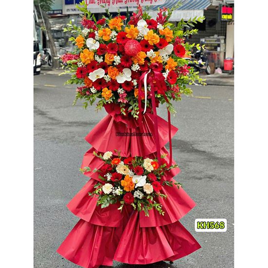 Picture of Kệ hoa chúc mừng tone đỏ cam mix lan hồ điệp - KH568