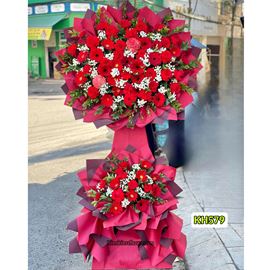 Picture of Kệ hoa chúc mừng tone đỏ mix cúc mẫu đơn - KH579