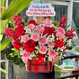 Picture of Giỏ hoa chúc mừng tone hồng đỏ mix cẩm chướng hồng - HG1023