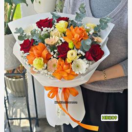 Picture of Bó hoa chúc mừng tone đỏ cam mix cát tường - HB1109