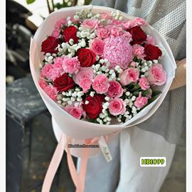 Picture of Bó hoa chúc mừng tone đỏ hồng mix cúc mẫu đơn - HT1099