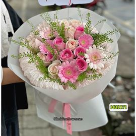 Picture of Bó hoa chúc mừng tone hồng mix cỏ đồng tiền - HT1071