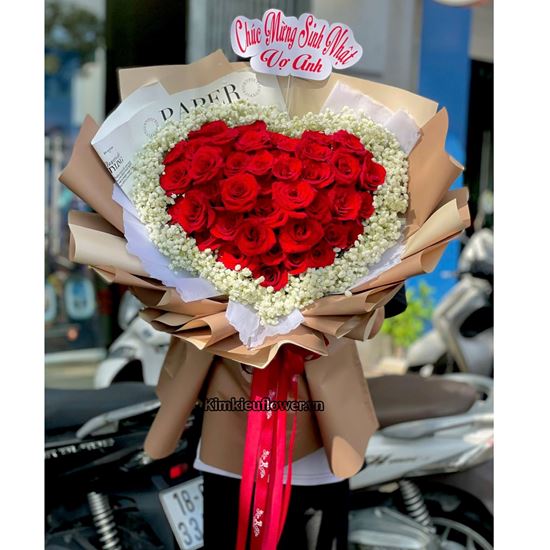 Picture of Bó hoa chúc mừng hồng đỏ eku mix baby bó kiểu trái tim - HT1050