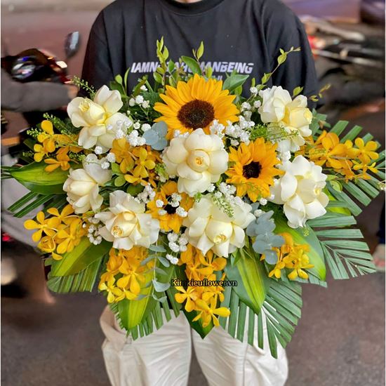 Picture of Đĩa hoa bục phát biểu tone vàng mix hướng dương - ĐH59