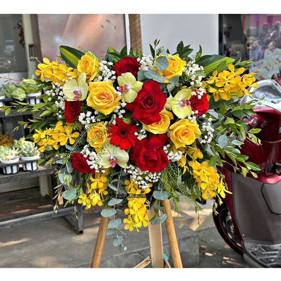 Picture of Đĩa hoa chúc mừng tone đỏ vàng mix lan hồ điệp - ĐH63