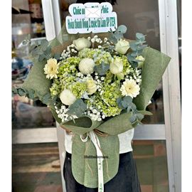 Picture of Bó hoa chúc mừng tone trắng xanh lá - HB1138