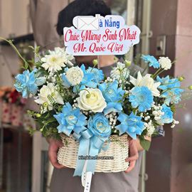 Picture of Giỏ hoa chúc mừng tone trắng xanh dương - HG1046