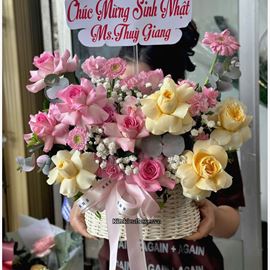 Picture of Giỏ hoa chúc mừng tone vàng hồng mix cẩm chướng - HG1048