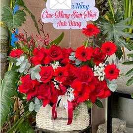 Picture of Giỏ hoa chúc mừng tone đỏ mix lá bạc - HG1053