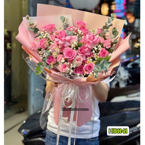 Picture of Bó hoa chúc mừng tone hồng mix lá bạc - HB1141