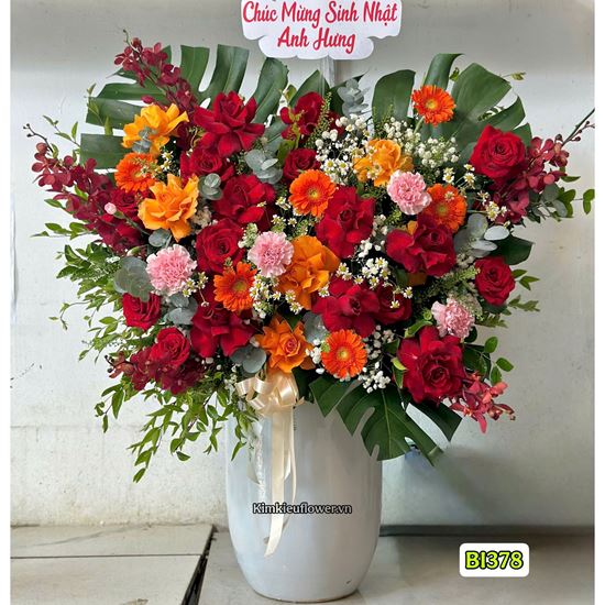 Picture of Bình hoa chúc mừng tone đỏ cam mix cẩm chướng - BI378
