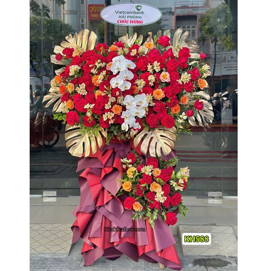 Picture of Kệ hoa chúc mừng tone đỏ cam mix lan hồ điệp trắng - KH588