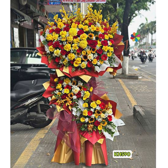Picture of Kệ hoa chúc mừng tone đỏ vàng mix lan vũ nữ - KH590