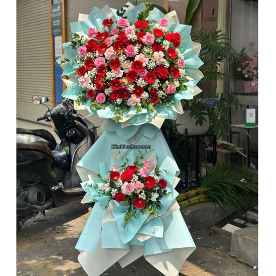 Picture of Kệ hoa chúc mừng tone đỏ hồng mix đồng tiền - KH593
