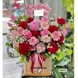 Picture of Giỏ hoa chúc mừng tone đỏ hồng mix cẩm chướng - HG1066
