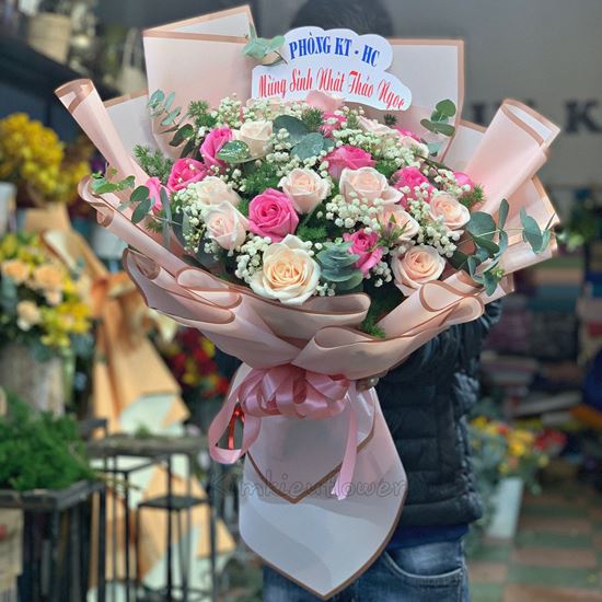 Bó hoa hồng kem, dâu - HB260