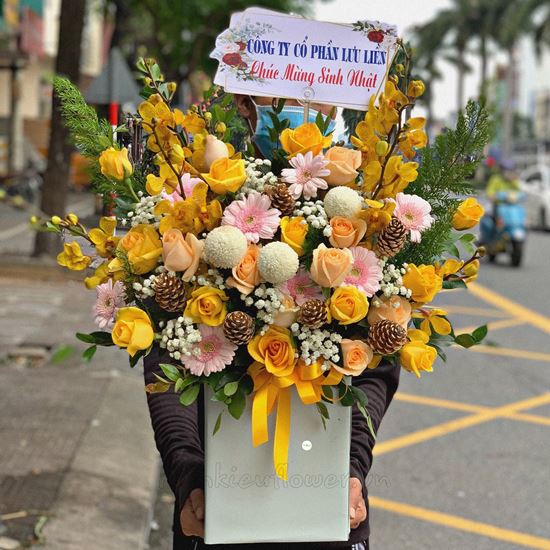 giỏ hoa hồng vàng, lan vàng - HG293