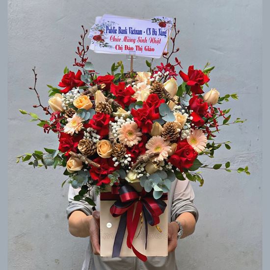 giỏ hoa hồng mỡ gà, lan đỏ - HG294