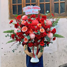 Bình cúc mẫu đơn đỏ, hồng cam london - BI162