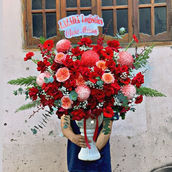 Bình cúc mẫu đơn đỏ, hồng cam london - BI162