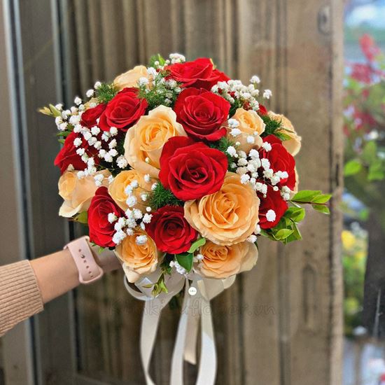 Bó hoa cưới hồng mỡ gà, hồng đỏ - HC47