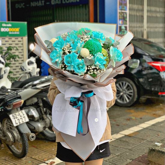 Bó hoa hồng xanh, cúc mẫu đơn - HB287