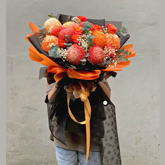 Bó hoa cúc mẫu đơn đỏ, cam - HB289