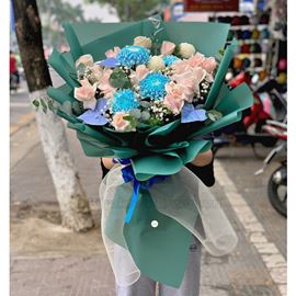 Bó hoa hồng kem, cúc mẫu đơn xanh - HB297