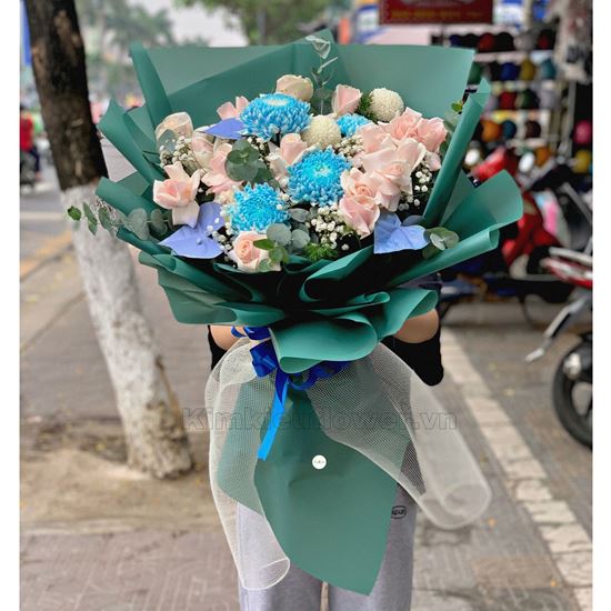 Bó hoa hồng kem, cúc mẫu đơn xanh - HB297