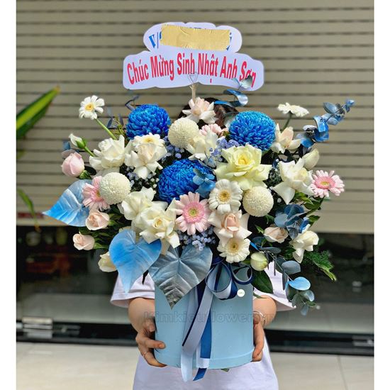 Giỏ hoa cúc mẫu đơn xanh, hoa hồng  - HG304