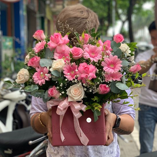 giỏ hoa hồng dâu, đồng tiền - HG307